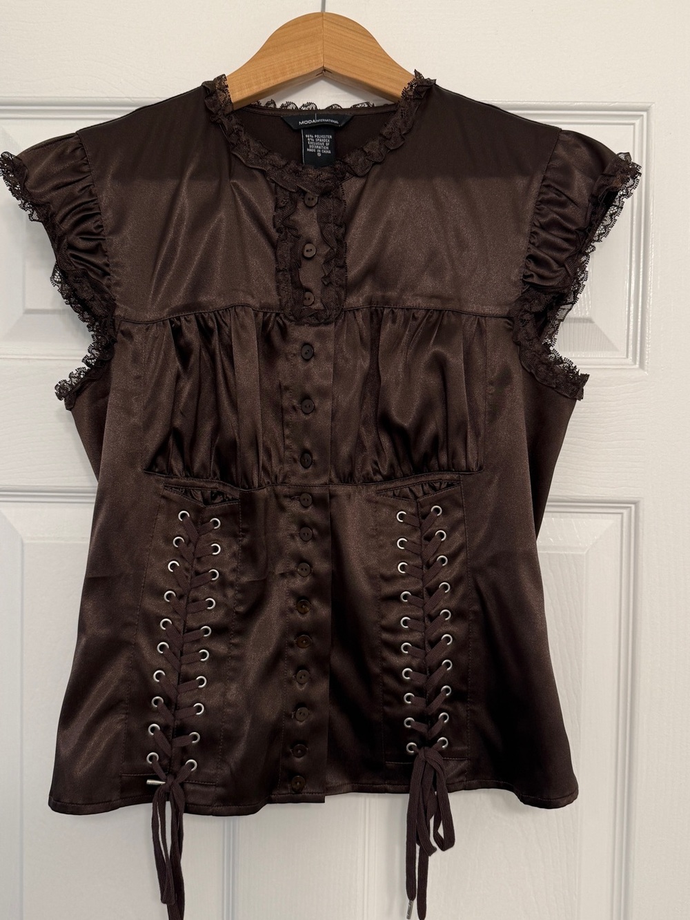 Moda International Brown Satin Corset Lace-Up Blouse - Size Small